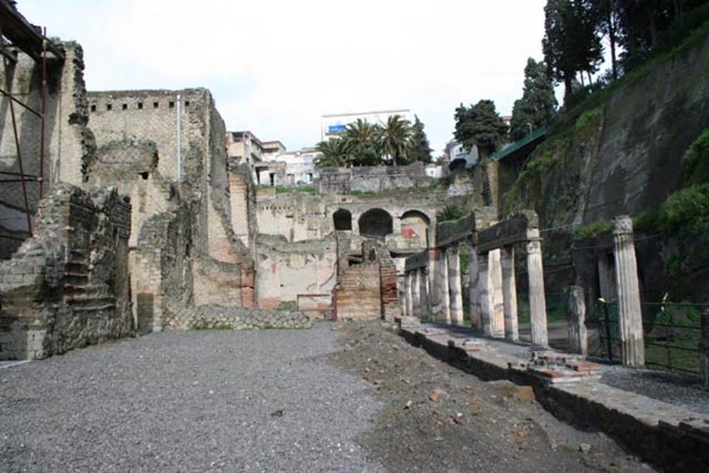 Ins. Orientalis II.4, Herculaneum, March 2008. Looking north across large terraced area from east end of large entrance hall.
Photo courtesy of Sera Baker.
